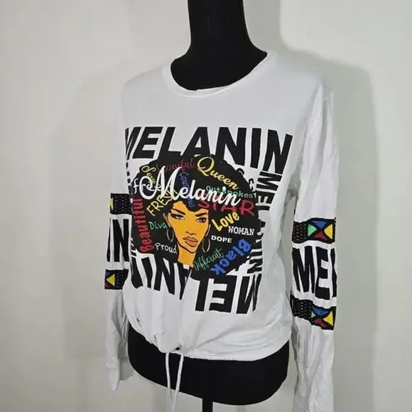 Melanin Graphic Pullover Top XL Afro Art Drawstring Hem - Picture 3 of 6